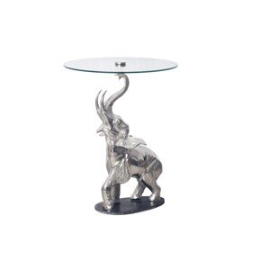 Estila Designový art deco stříbrný kulatý příruční stolek Balarama s podstavou ve tvaru slona 75 cm