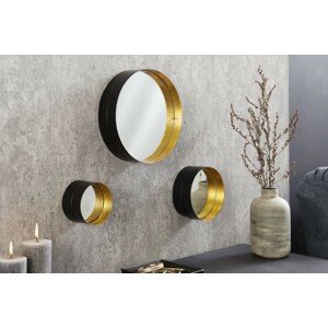 Estila Designový art deco set tří nástěnných zrcadel Patagonia s kulatým kovovým rámem zlaté a černé barvy
